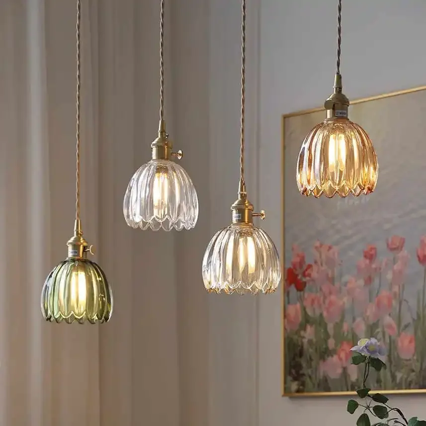 Retro Modern Glass Flower Twisted String Pendant Lamp Dining Room Bedroom Bedside Pendant Lamp With Built-in Switch Lighting