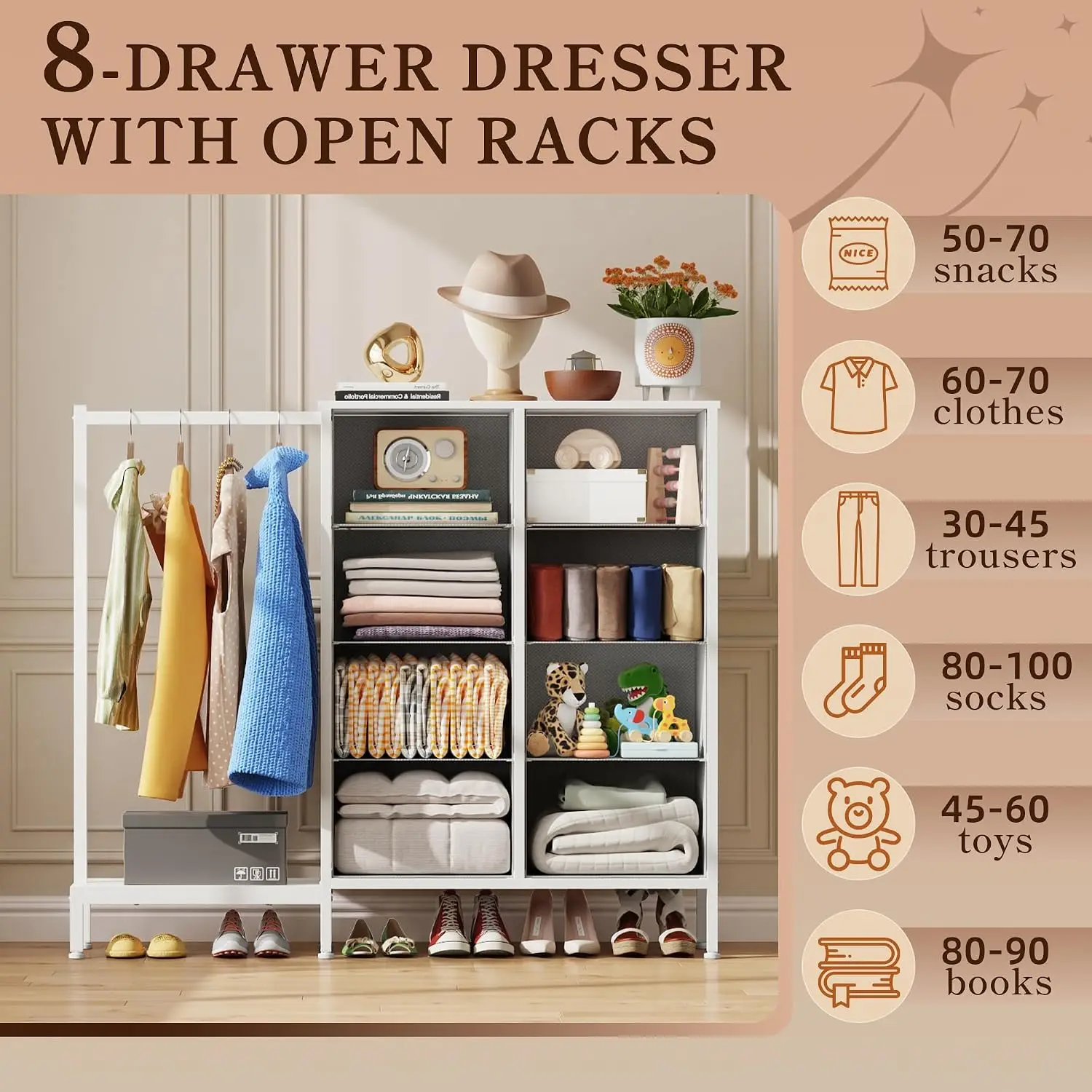 Dresser with Hanging Rack 8 Drawers 50