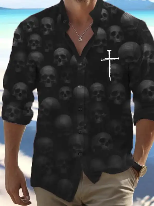 Halloween Men's Dark Skull Prints Long Sleeve Shirt-Vintage Skull Print,Regular Fit,Lapel Collar, Polyester Blend Black Tops image 4