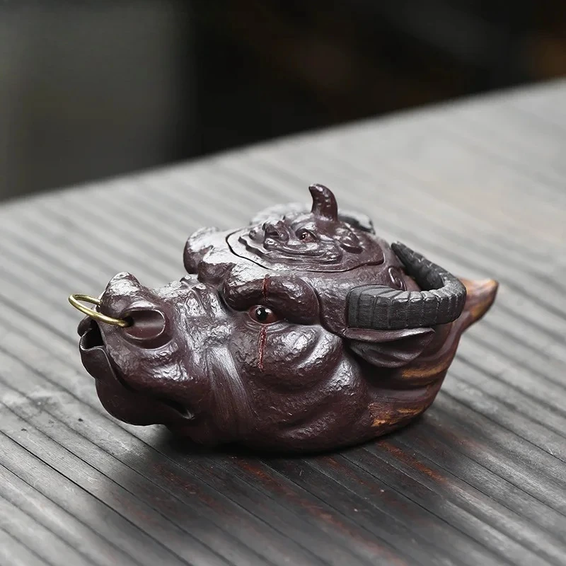 150ml Authentic Yixing Purple Clay Teapots Artists Handmade Ox-head Pot Raw Ore Mud Hand Grab Kettle Zisha Tea Set Collection