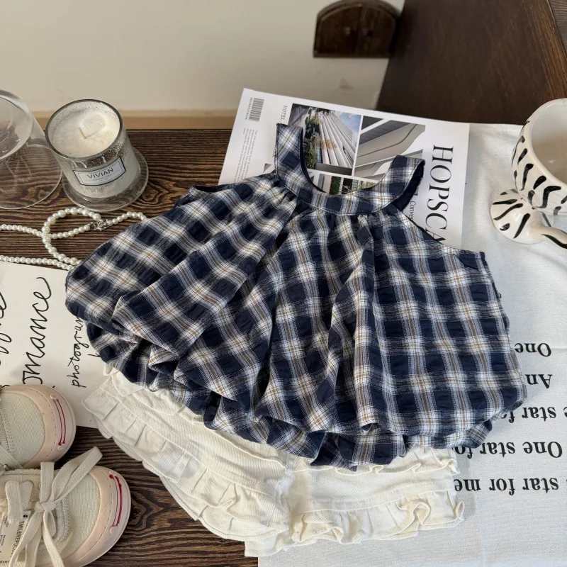 

Korean Children Clothing 2026 New Summer Plaid Hanging Neck Sleeveless Flower Bud Top Washed Lace Shorts Two-piece Set Trendy