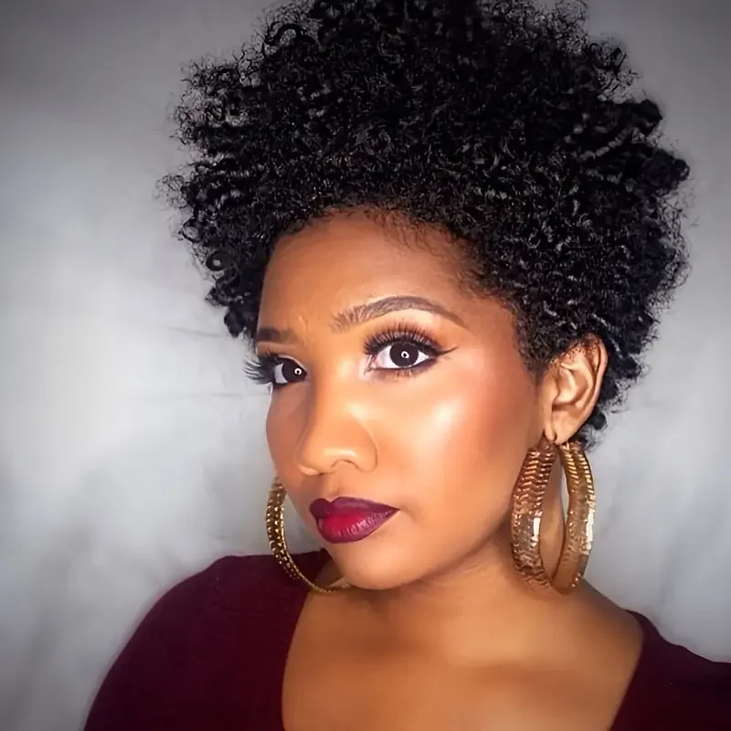여성용 짧은 곱슬머리 가발, 인모 아프로 곱슬머리, 전체 기계 제작 가발