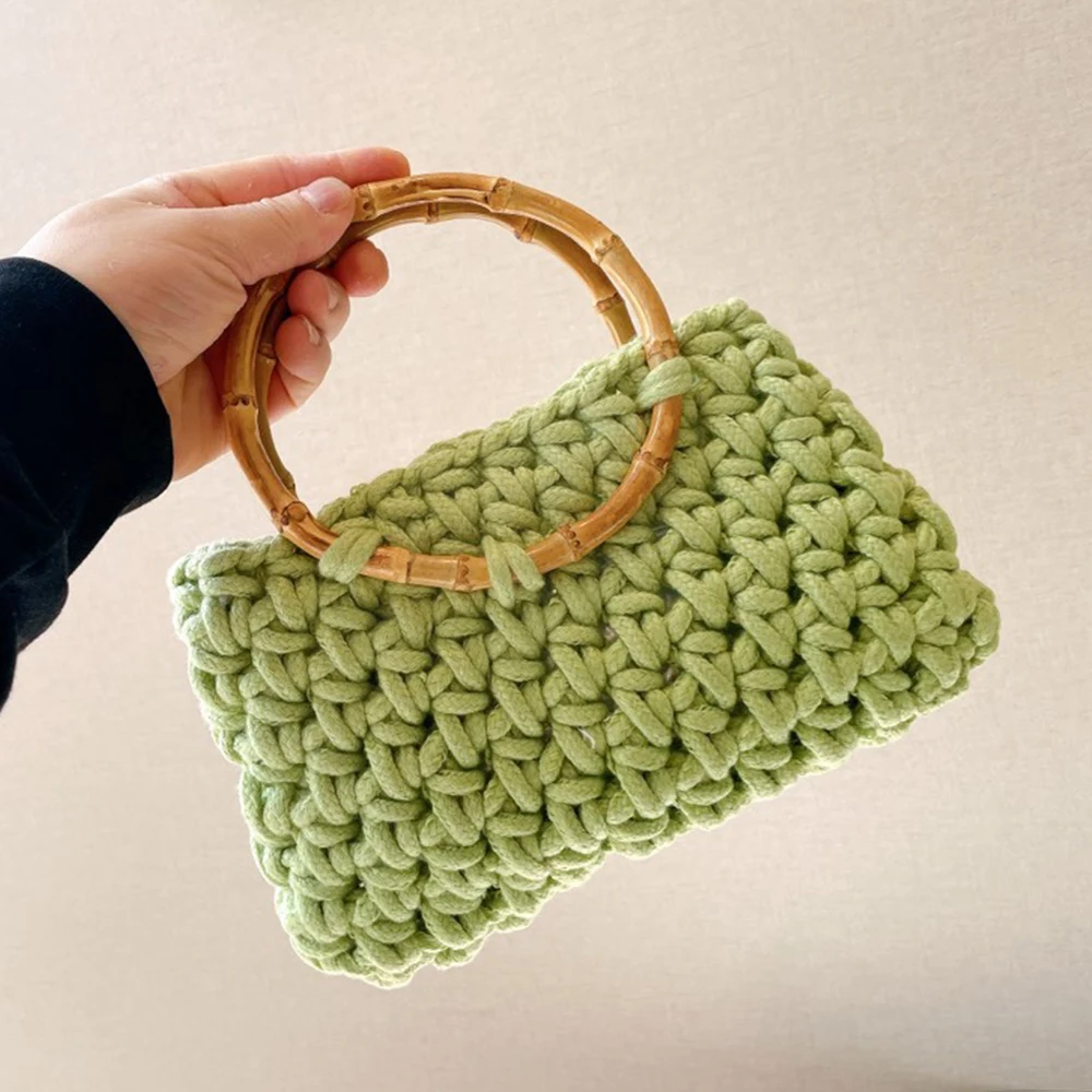 Hohemian Crochet Bamboo Handle Women Handbags Hollow Knitting Tote Woven Bags for Women Square Clutch Purse and Handbag Designer