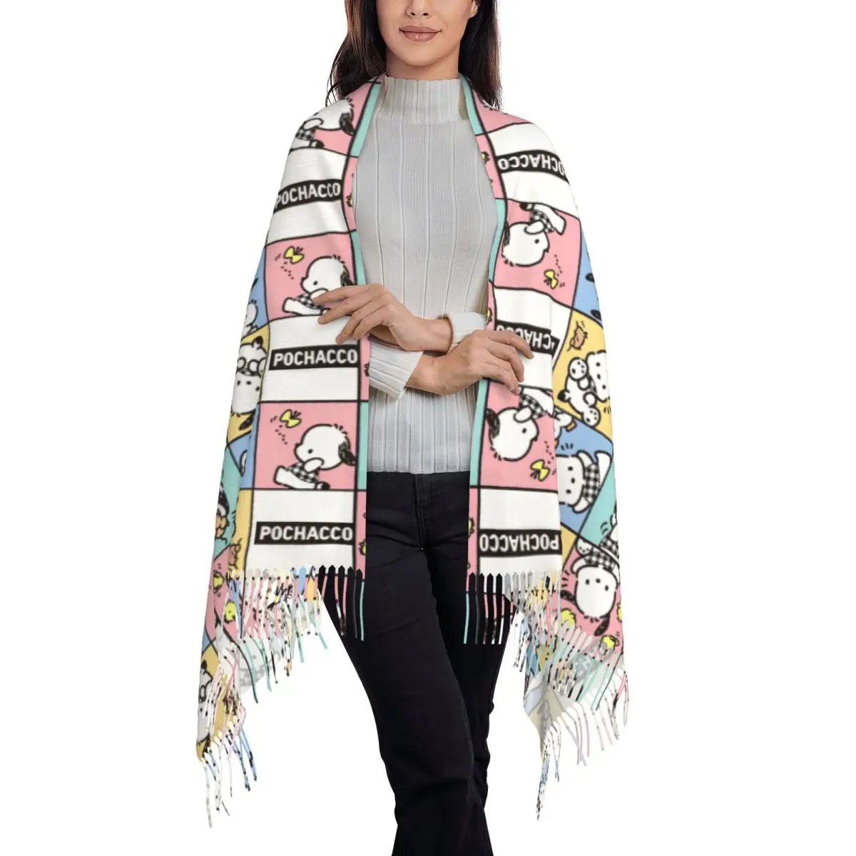 Pochacco Paterrn Cartoon Dog Cute Scarf Keep Warm Shawls and Wrap with Tassel Women Retro Head Scarves Winter Designer Bandana image 3