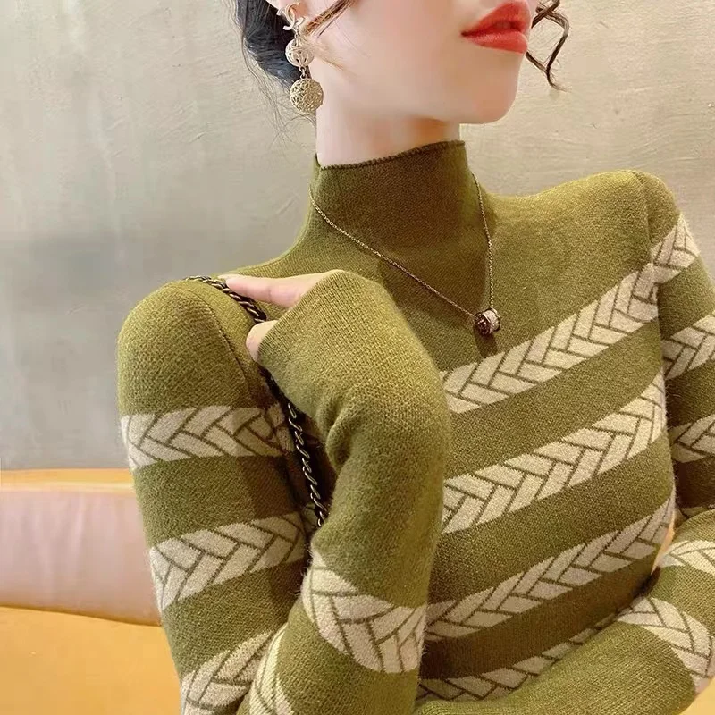 Women Clothing Vintage Chic Striped Knit Pullovers Autumn Winter Fashion Slim Half High Collar Long Sleeve Sweaters Lady Y2k Top