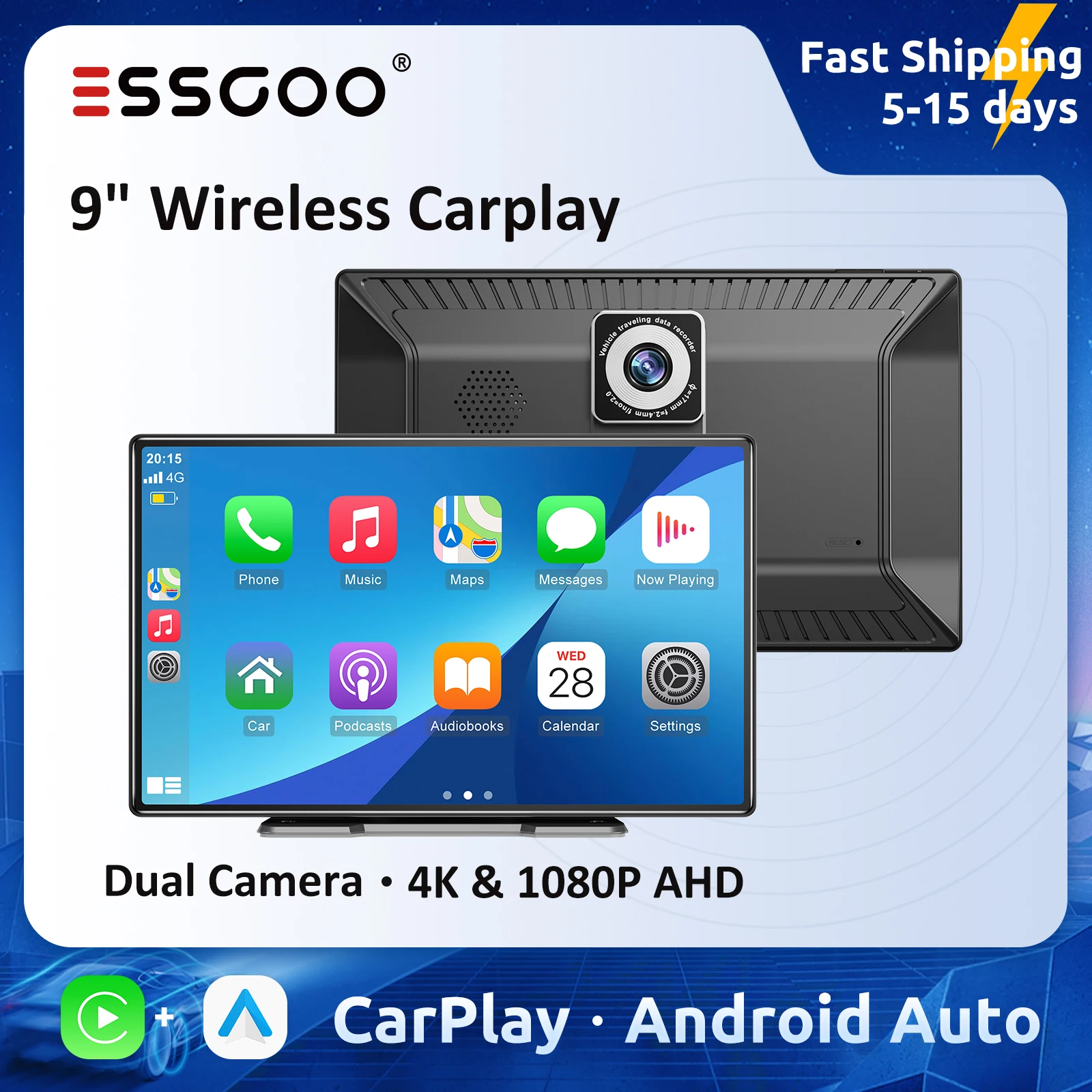 

9-дюймовый беспроводной Carplay монитор ESSGOO с двойной камерой 1080P 4K, портативный автомобильный мультимедийный плеер, Автомобильное Зеркало, приборная панель для авто Android