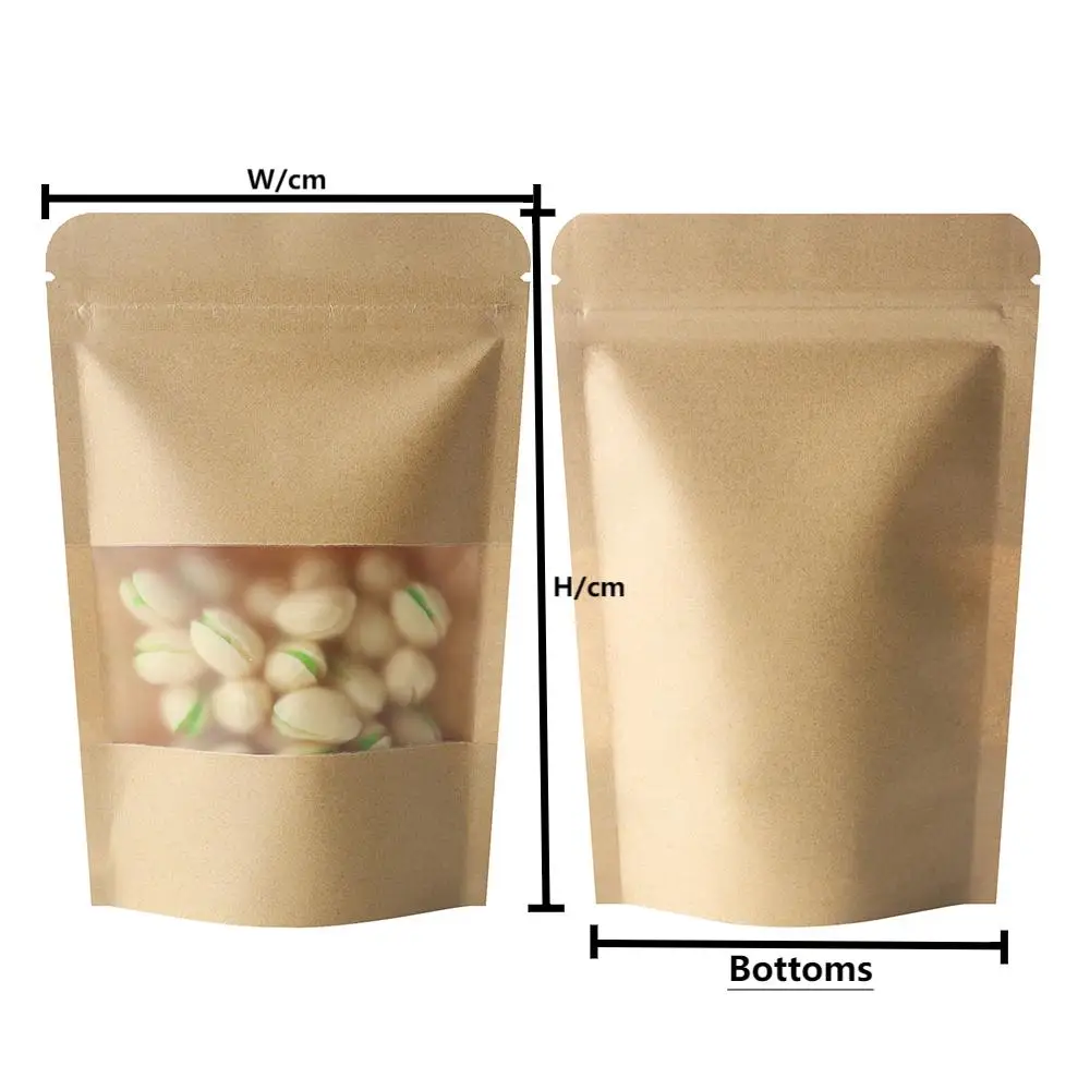 100 pcs kraft matte visible window stand-up pouches snacks dried fruits tea storage kraft seal zipper bone self-sealing bags