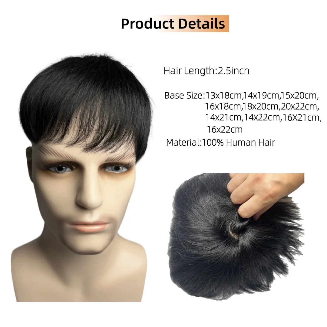 Rambut palsu pendek alami untuk pria, gaya rambut toupee hitam, rambut manusia, topper untuk pria, ekstensi rambut jepit untuk kebotakan dan kerontokan rambut