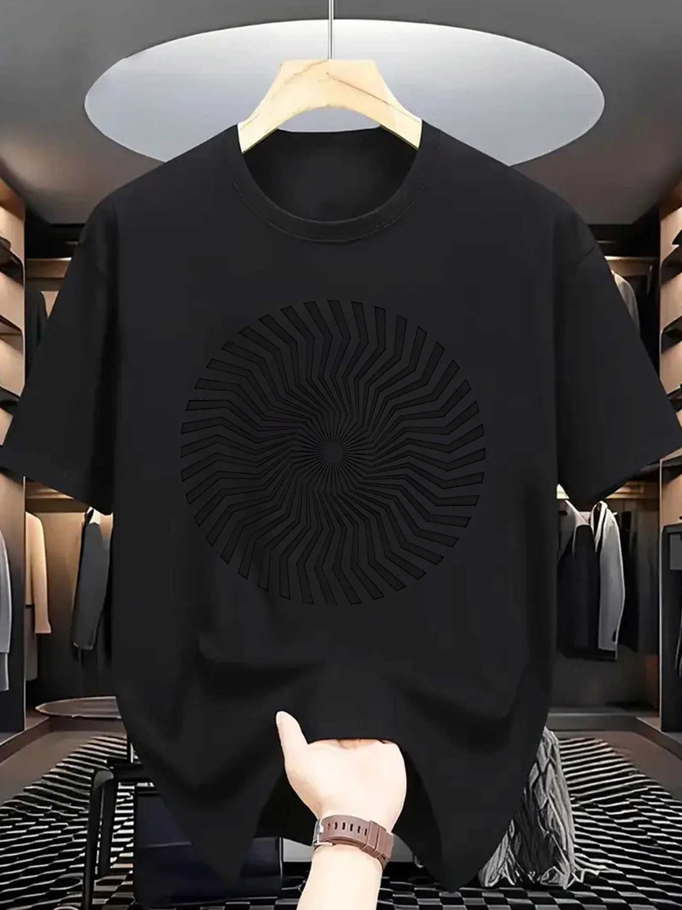 

Men's Black Graphic Tee Modern Spiral Print Casual Shirt Breathable Summer Top for Daily Wear & Stylish Outfits Comfortable