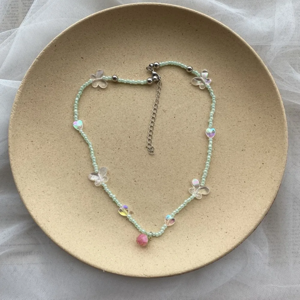 قلادة بحلية بسيطة للنساء ، فراولة ، فراولة ، فراشة ، فراشة ، لؤلؤ ملون ، سلسلة رقبة