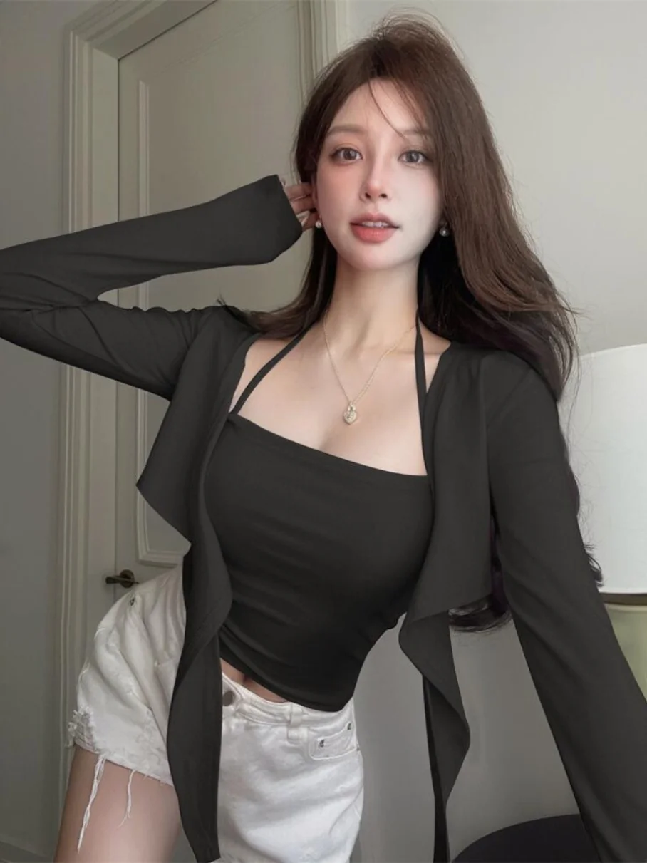 

Ранняя осень Pure Desire Wind Tie Knot шило ort Жилет с ремешком Женская верхняя одежда Sweet And Spicy Svel Top Two-Pi...