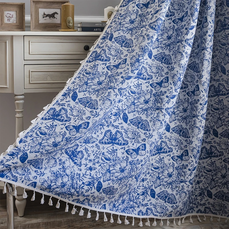Blue Butterfly Jacquard Fringe Curtain Finished Kitchen Curtain Bay Window Semi-shading Hotel Homestay  Decoration Valance
