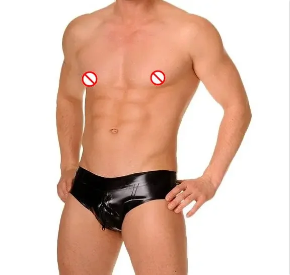 

Sexy Natural Latex Men Briefs Black Latex Fetish Underpants Underwear Through-crotch Zipper Briefs Male Fetish Wet Look Shorts