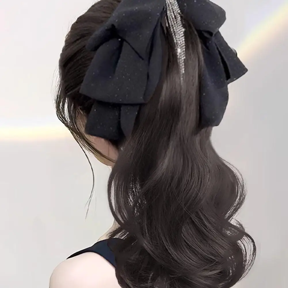 Ponytail Wig Women Rhinestone Tassel Bow Clip Increase Hair Volume Low Ponytail Simulated Water Ripples Half High Ponytail