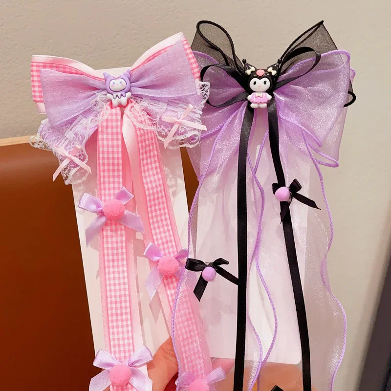 

1/2PCS Sanrio Kawaii Lolita Kuromi Bow Ribbon Hair Clip Cute Cartoon Anime Tassel Purple Hairpin Hair Accessories Girls Headwear