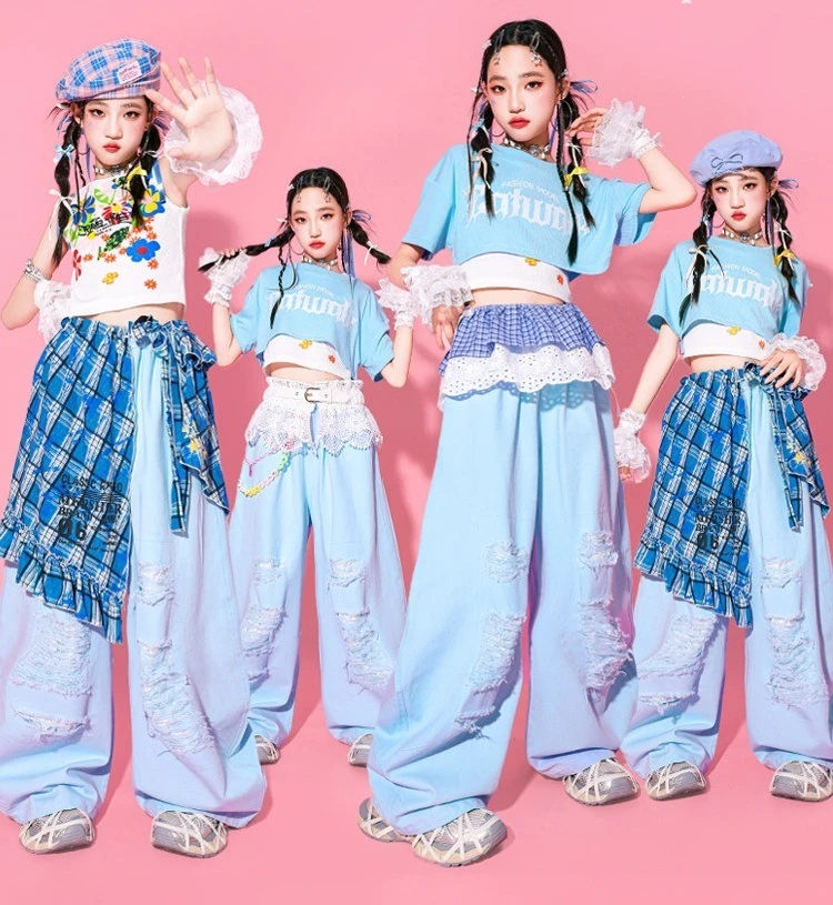 Girls Hip Hop Blue Crop Top Ripped Loose Pants Children K-pop Street Dance Costumes Kids Streetwear Girl Group Jazz Clothes Sets