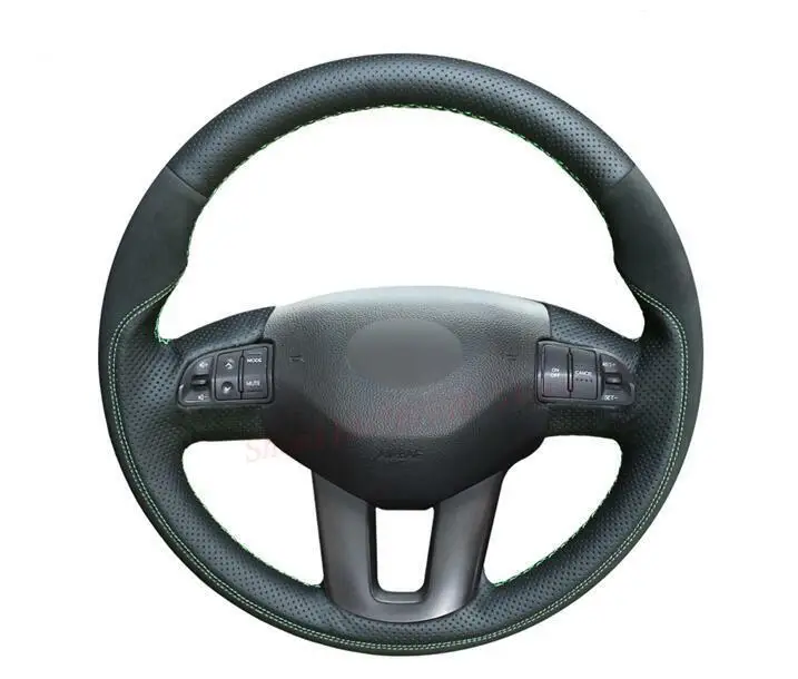 DIY Hand-Sewn Suede PU Leather Sewing Custom Black Design Steering Wheel Cover for Kia Anti-Slip Car Interior Accessory
