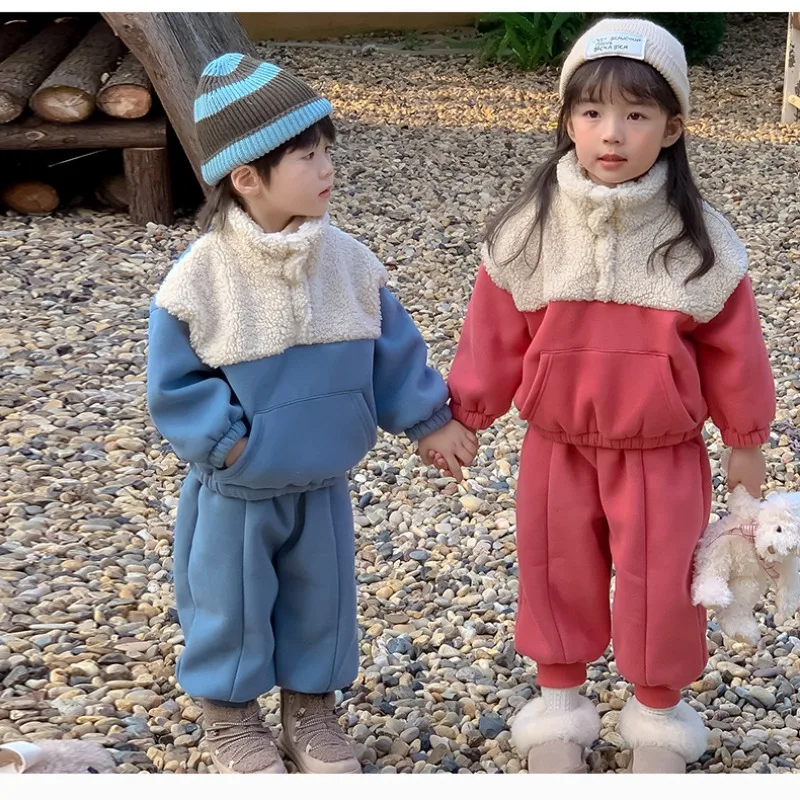 

Children Clothing Set 2023 Winter New Fashionable Cashmere Matching Color Korean Style Warm Casual Simple Two Piece Set