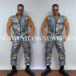 Hip Hop Costume Dancer Groups Singer Bar Nightclub Stage Clothing Sliver Long Sleeve/Sleeveless Glitter Laser Sequins Jumpsuit