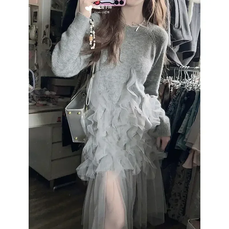 

Miiiix 2024 Spring New Design Sense Chiffon Dress Women's Fashion Round Neck Thin Knitted Mohair Dresses Female Clothing