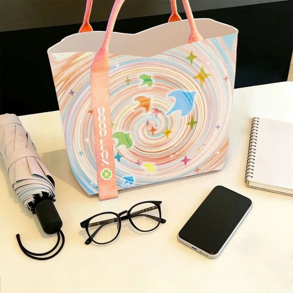 Simple Lucky Revolving Door Design Canvas Bag Large Capacity Lightweight Tote Bag Reusable Versatile Lunch Bag Ladies and Girls