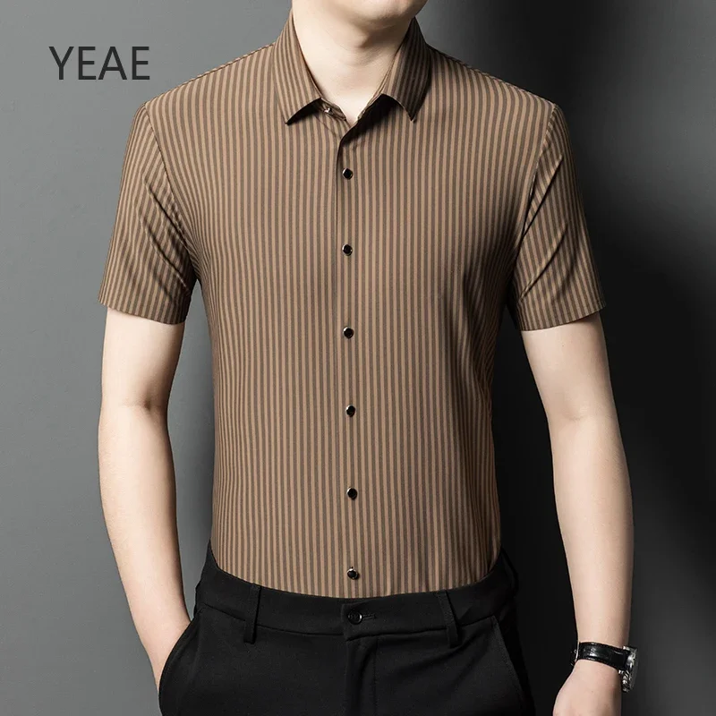 

Business Casual High Quality Seamless Striped Designer Short Sleeve Shirt Summer 2025 New Breathable Quick Dry Lapel Top