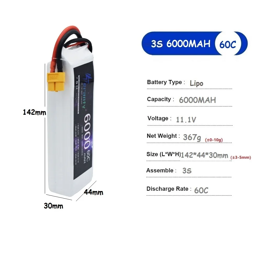 TERANTY LiPo 배터리, 6000mAh 60C, XT60 커넥터, 소프트 팩 RC 차량, 자동차 트럭 탱크 보트 트러기 버기 EC5 XT90 DEANS T