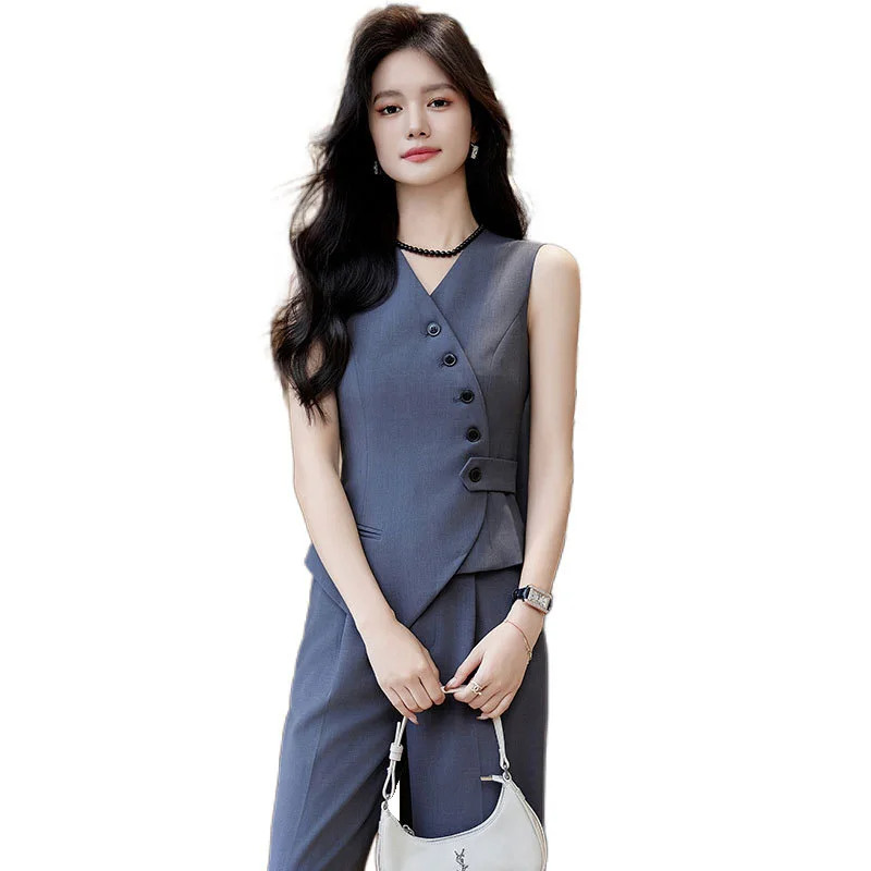 

Summer Women Solid Slim Korean Elegant Business Wear Formal Sleeveless Vest And Wide Leg Long Pant Two-piece Set Fashion Retro