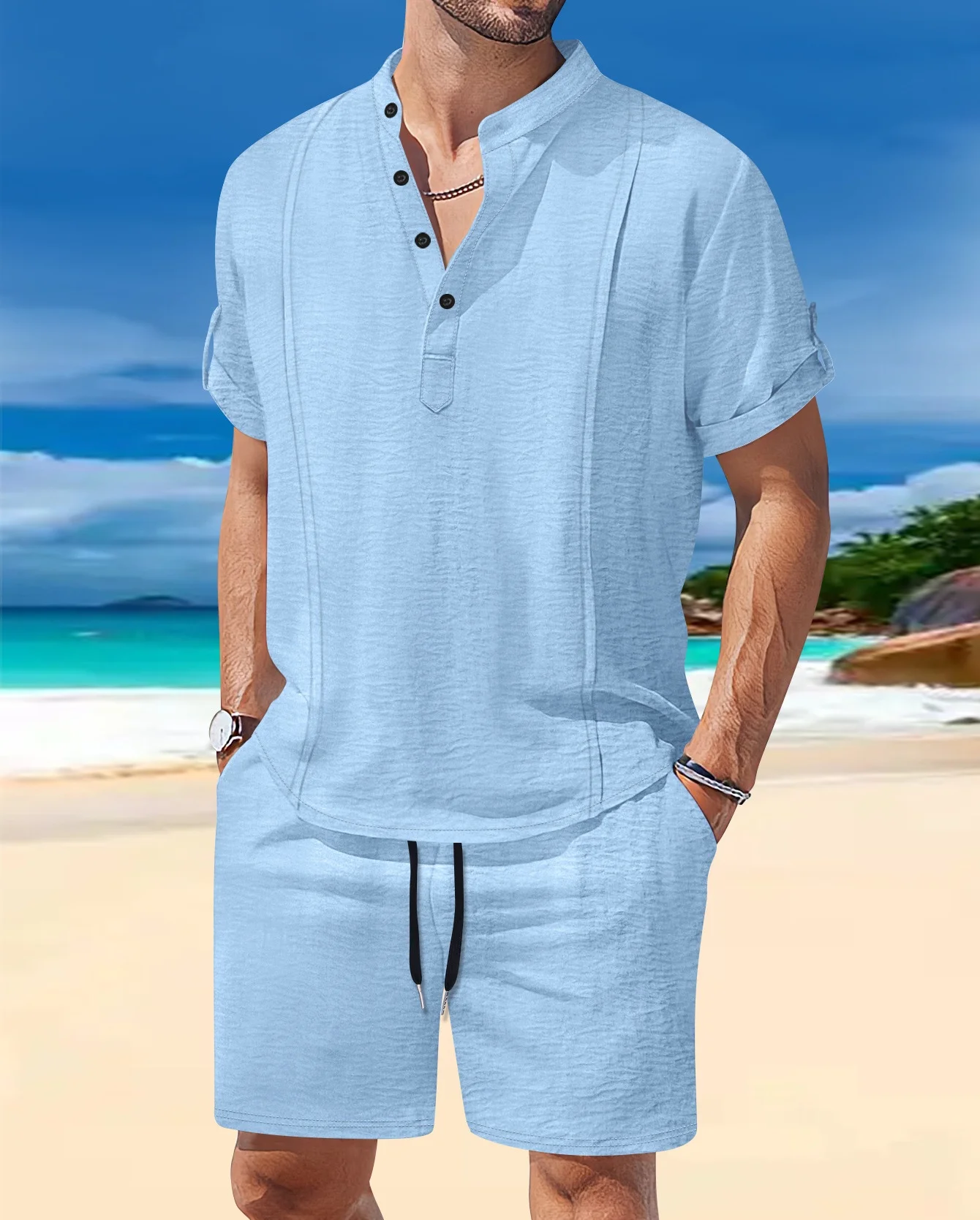 Men's Summer Casual Beach Set Fashionable Stand-Up Collar Button Top T-Shirt Shorts Short Sleeves Two-Piece Set
