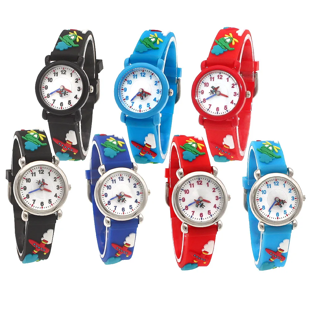 Relojes de cuarzo de dibujos animados para niños y niñas, pulsera deportiva con correa en 3D, regalos de cumpleaños, manos de avión