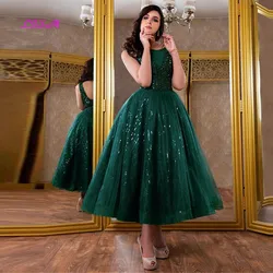 Glitter Emerald Green Sequin Prom Dresses Women Scoop Neck Puffy Skirt Tea-Length Evening Gowns Mother Formal Party Dress