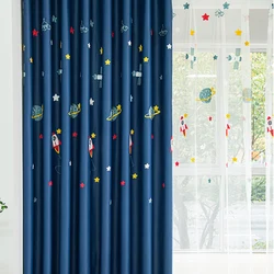 Children Cartoon Spaceship Blackout Curtains Rocket Embroidery Blue Children Curtains for Boys Room Bedchamber Window Cortinas