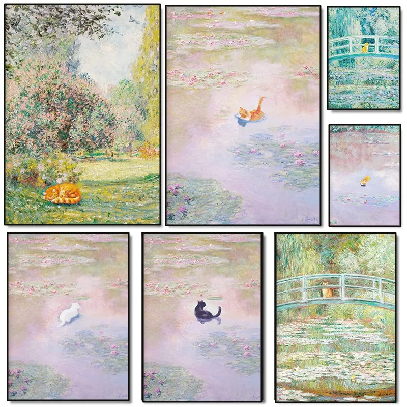 Monet Water Lily Pond Cat Poster Funny Orange Cat Monet Floral Canvas Painting Wall Art for Living Room Home Decor Mural Gift