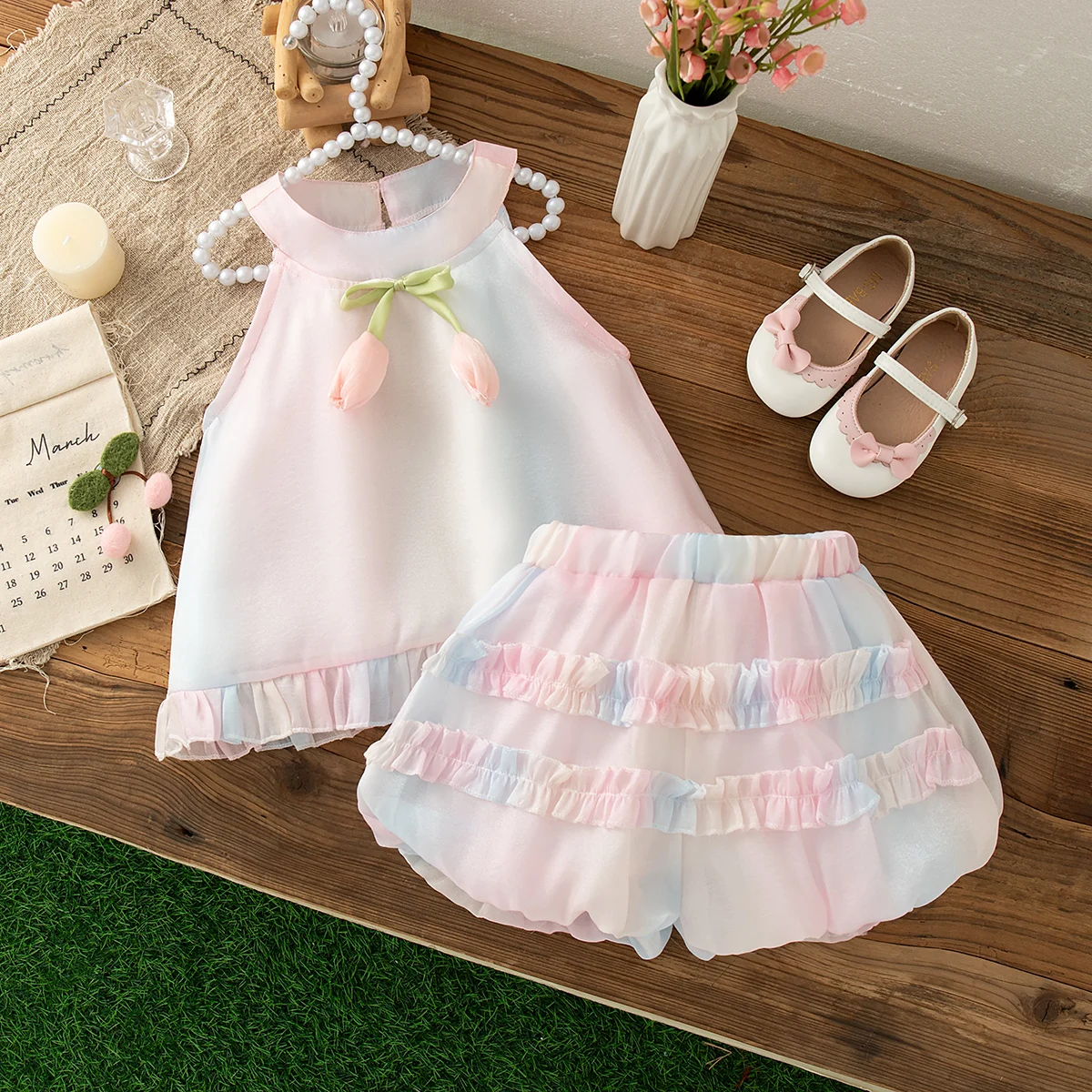 

2pc/Set Children's Set Summer Tulip Pattern Tie-Dye Style Sleeveless Round Neck Children Clothes Cute Toddler Girl Clothes ﻿