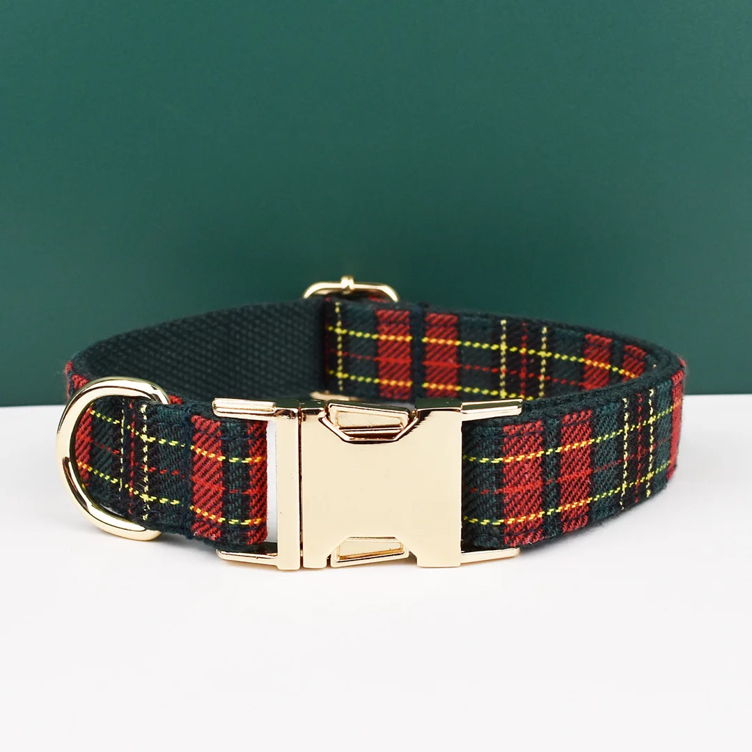 Custom Engraved Plaid Pet Collar Leash Bow Tie Set Personalized Tartan Dog Collar with Leash Bowtie Gold Buckle Christmas