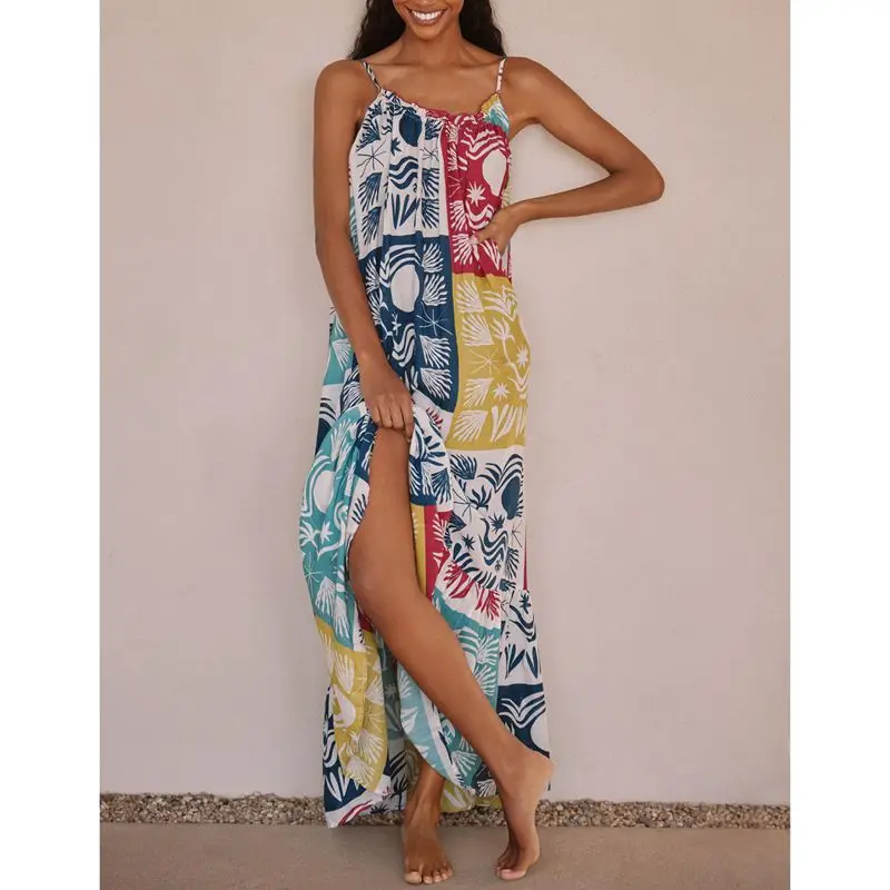 Combhasaki Vrouwen Zomer Verstelbare Spaghetti Band Backless Y2K Fruit Print Verstoorde Trim Backless Loose Fit Slip Cami Lange Jurk