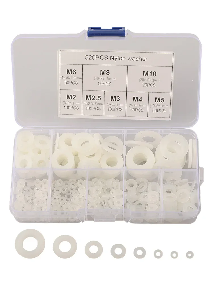 520pcs White Plastic Flat Washers Nylon Washers 8 Sizes Washers Assortment Set Excellent Insulation Tear Resistance Deformation