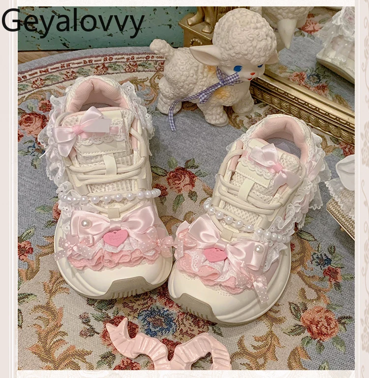 Lace Bow Pearl Ribbon Cute Sweet Thick-Soled Dad Shoes for Women Spring Autumn Height-Increasing Casual Sneakers Femme