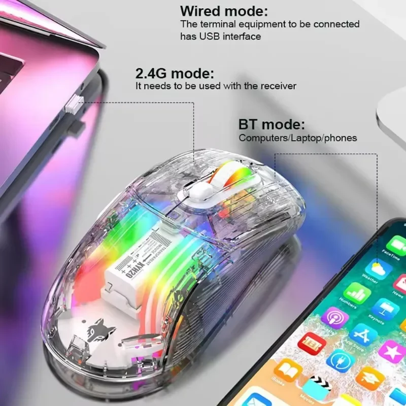ワイヤレスゲーミングマウス RGB トライモード接続透明シェル E スポーツ Bluetooth 有線マウス PC/Mac コンピュータおよびラップトップ用