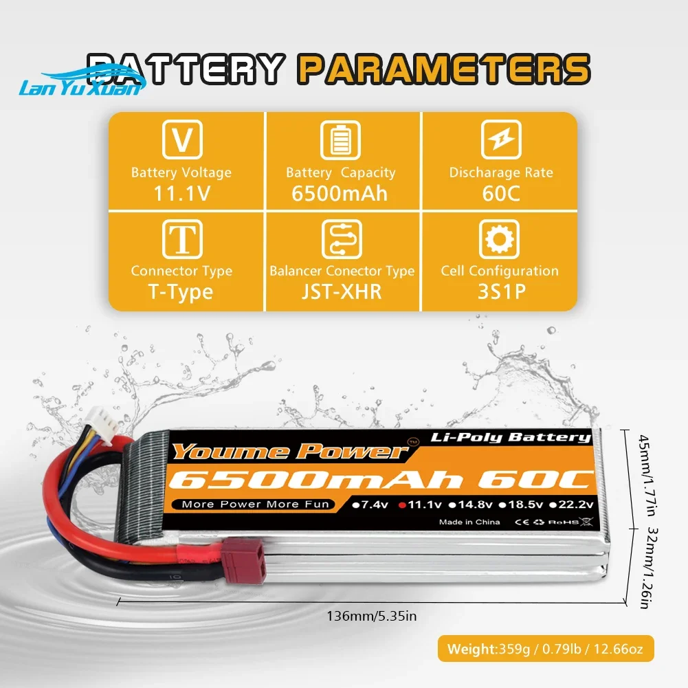 3S Lipo Battery 6500mah 11.1V 60C T XT60 Deans EC5 XT90 EC3 for 1/10 Monster Car Truck RC Helicopter Drone Boat