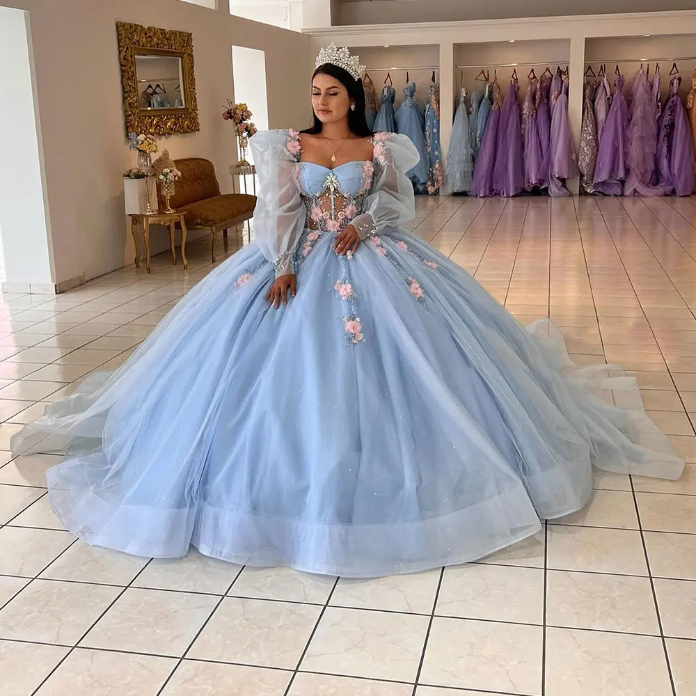 Vestido De quinceañera azul De manga larga, traje De baile De ilusión, escote Corazón, apliques con cordones, 15 Años, 2023