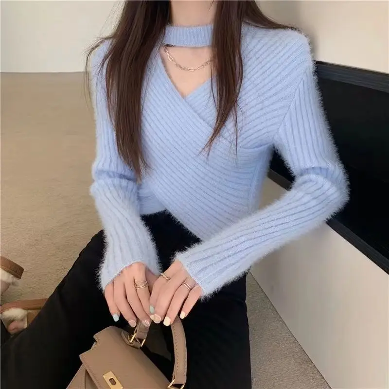 Spring new V-neck cross knit women careful machine spice girls sexy pure want to hang neck sweater base shirt top