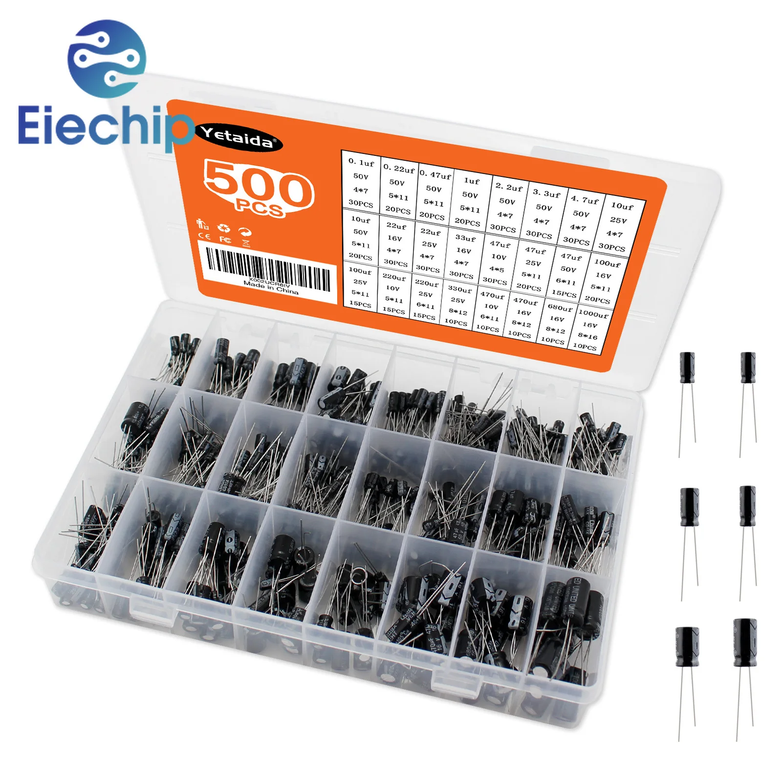 500PCS 0.1uF~1000uF Assorted Aluminum Electrolytic Capacitors Kit Box, 24 kinds Capacitor Set 10V 16V 25V 50V For Electronic DIY