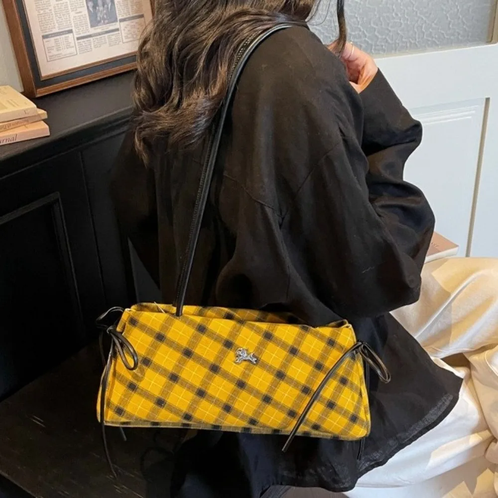

Retro Striped Plaid Shoulder Bags Simple Style Large Capacity Zipper Bow Handbags Durable Versatile Long Strap Underarm Bag Work