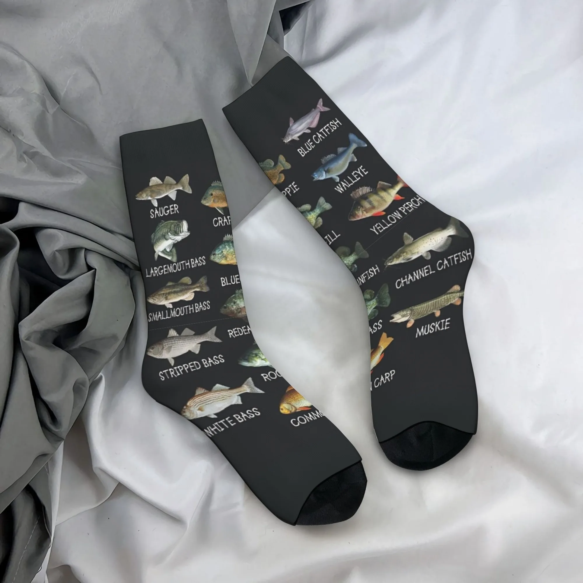 Freshwater Fish Illustration Printed Men's Socks Novelty Retro Funny Quirky Socks for Outdoor Adventures Fishing Hiking Wear