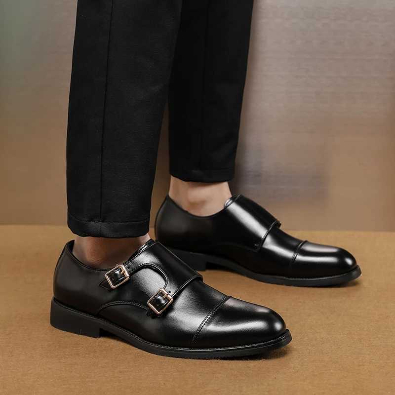 Fashion Brand New Designer British Monk Strap Leather Shoes Flat for Men Low Cut Dress Formal Wedding Prom Oxford Zapatos Hombre