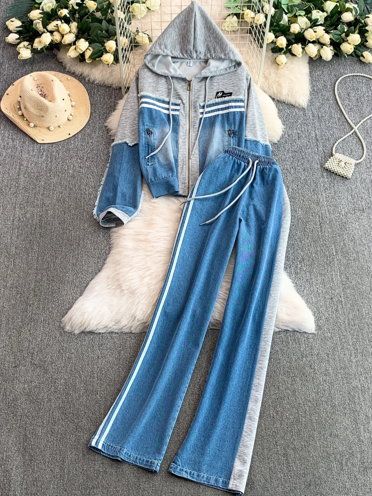 

French style vintage tassel denim patchwork hooded jacket+elastic high waist slimming stripes wide leg pants two-piece set