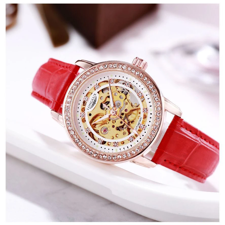 Woman Automatic Mechanical Watches Skeleton Wristwatch Lady Elegant Luxury High Quality Leather Strap Watch 50m Waterproof Clock