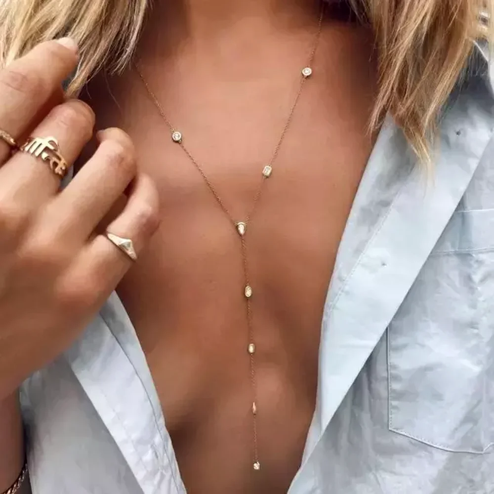 Fashion Silver Color White Water Drop Oval Cz Link Chain Long Sexy Ladies Y Lariat Necklace Collarbone Jewelry