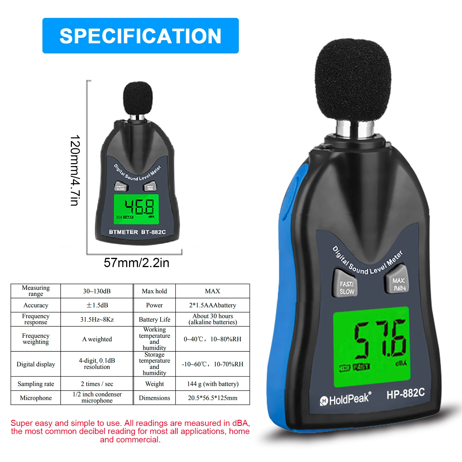 HP-882C Miniatuur geluidsmeter, Digitale Geluidsniveaumeter 30-130dB Geluidsmeter Geluidsmeetinstrument Tester Decibel Monitor